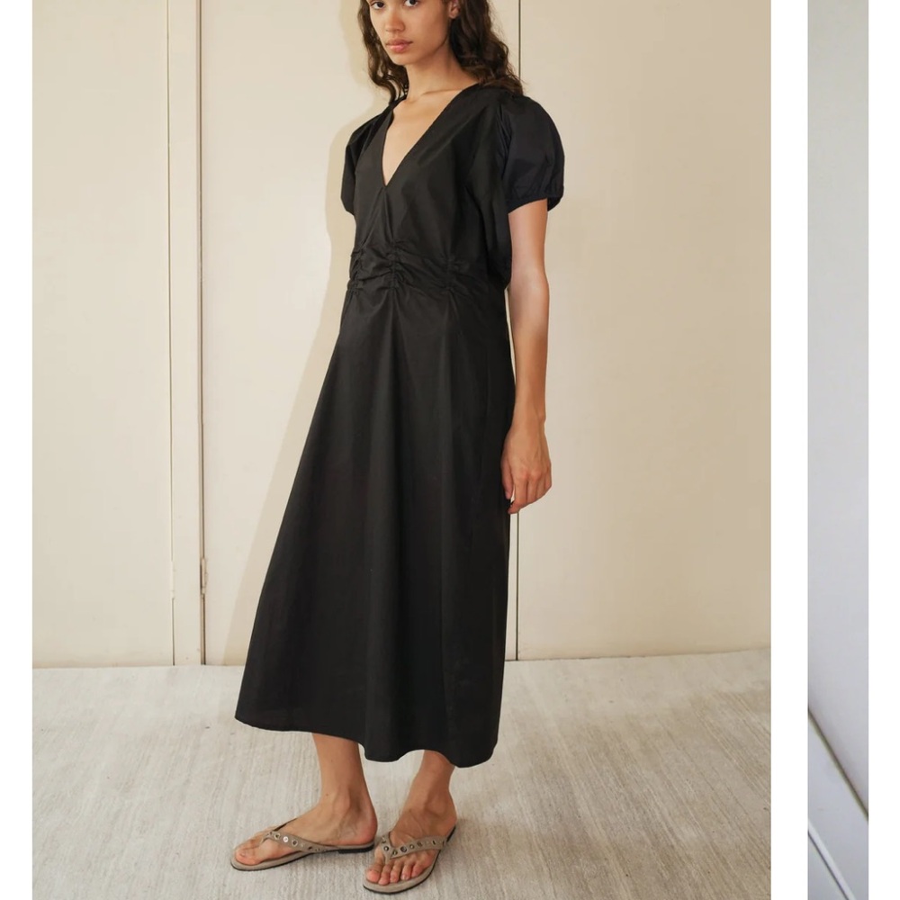 Deiji Studios Black Midi Dress with V-Neck and Puff Sleeves